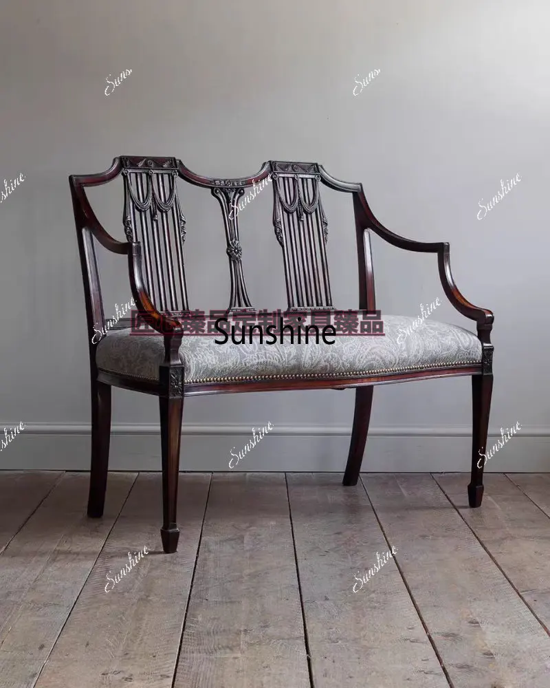 American retro solid wood sofa living room carved casual armrest studio chair