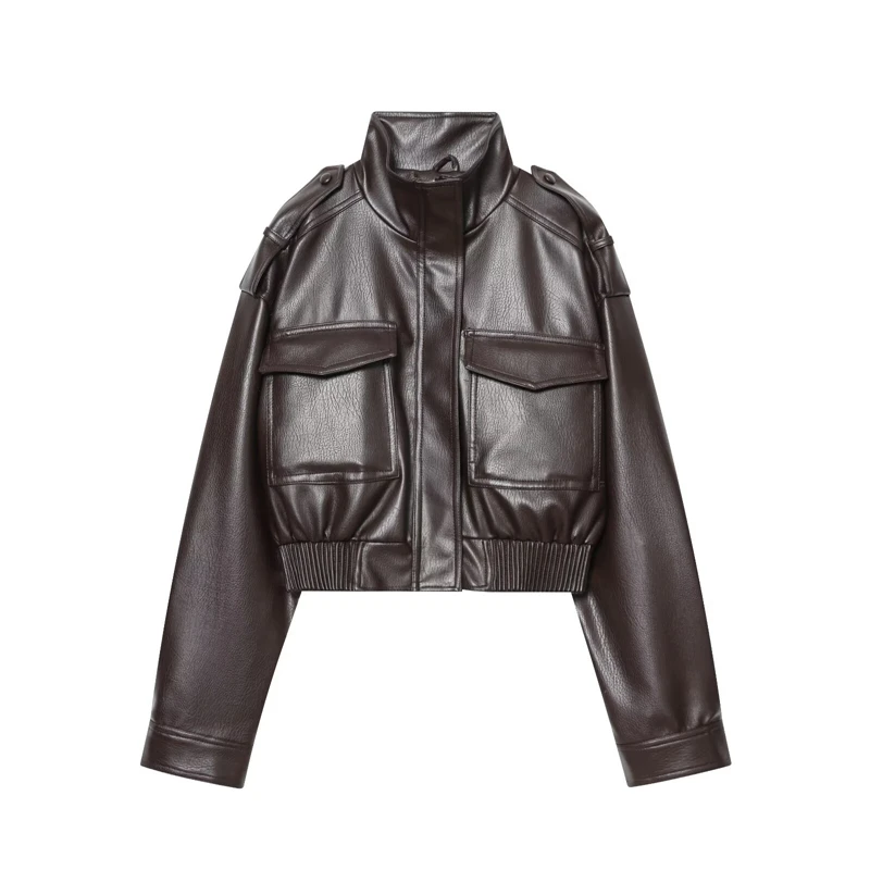 Keyanketian 2025 inverno nova jaqueta de couro falso feminino casaco casual estilo rua bolsos com aba gola solta zíper blazer