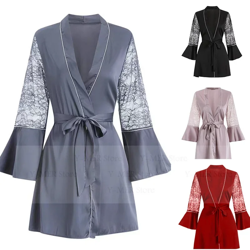 Lace Flare Sleeve Robe Rayon Vestidos De Novia Lady Sexy Sleepwear Nightgown Intimate Lingerie Wedding Dress Kimono Bathrobe