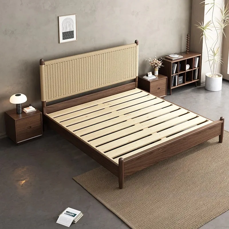 Nordic solid wood bed 1.8 meters double bed, upgraded silent bed board creative braided rope bed small apartment 1.5 meters sing