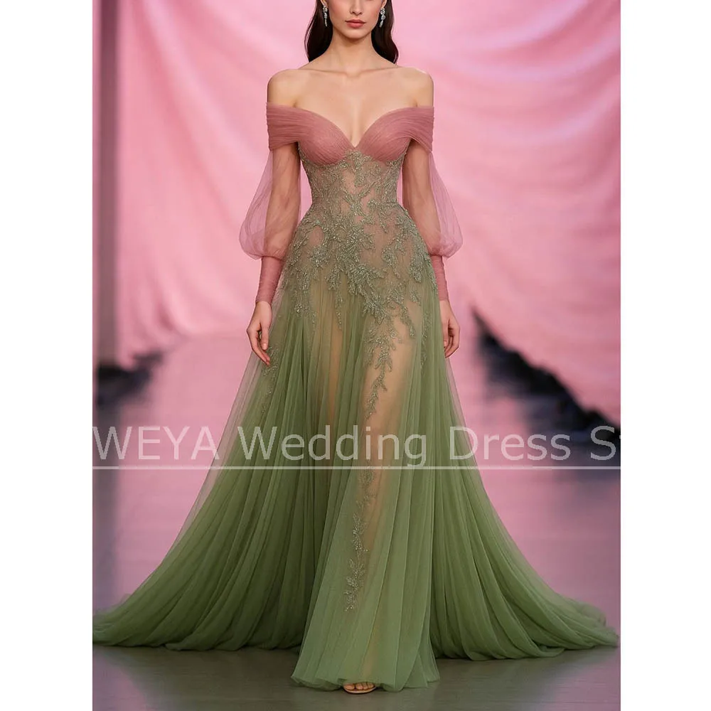 فستان نسائي أنيق مكشوف الكتفين للحفلات الراقصة أنيق مزين بالدانتيل من التول فستان رسمي للحفلات موضة سويب تراين فستان سهرة #1