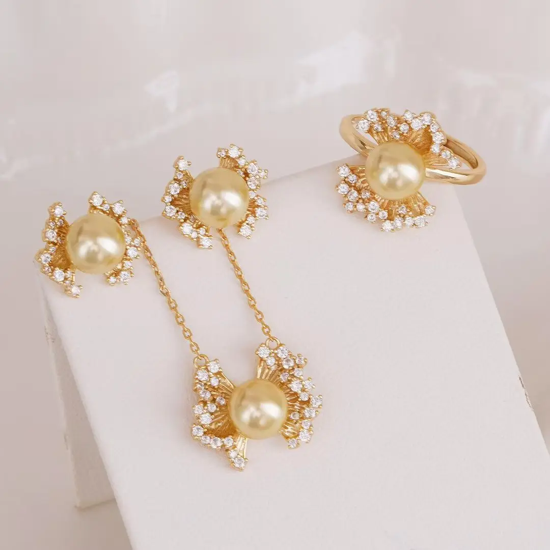 

S925 Sterling Silver Necklace Ring Earrings Set Base Mounts Findings Mounting Jewelry Set Parts Fittings for 8-9mm Pearls