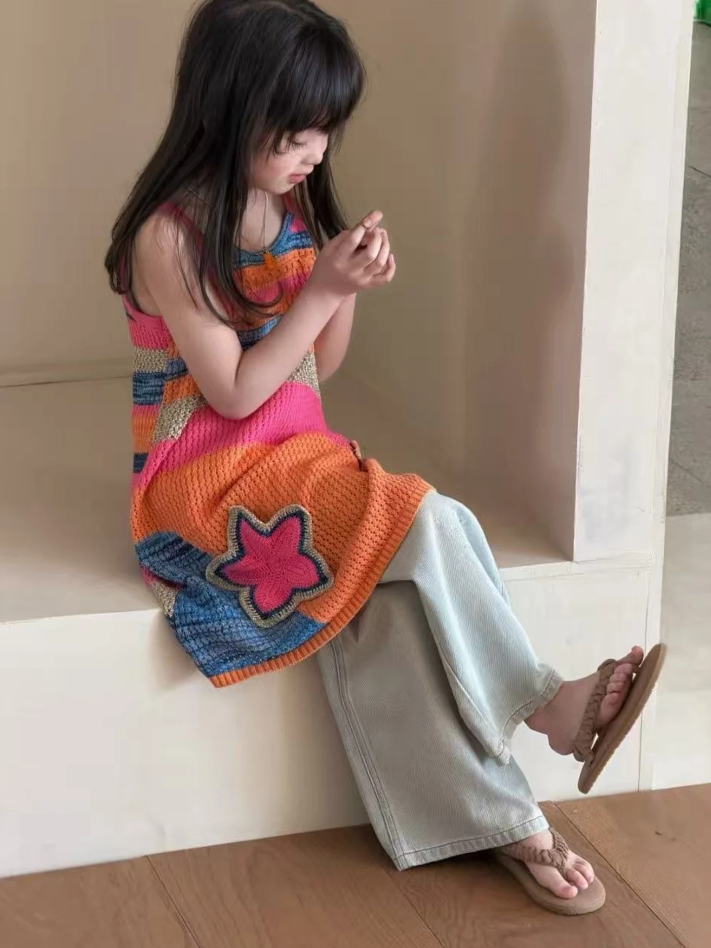 

Girls Summer Knitted Beach Dress Children's Clothing Casual Style Mid-Low Waist No-Sleeve Midi Skirt Fashionable And Cute