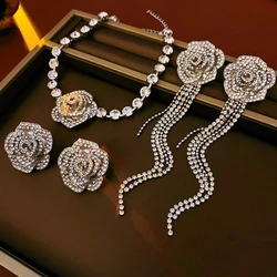 5 Pcs Flowers Tassel Rhinestone Pendant Necklaces for Women Occidental Personality Fashion Earrings Delicate Luxury Jewelry Sets