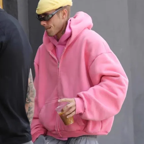 Tela pesada Unisex Justin Bieber SKYLRK bordado cárdigan rosa Sudadera con capucha hombres mujeres mejor calidad jersey con capucha de gran tamaño