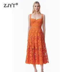 ZJYT Summer Runway Lace Spaghetti Strap Dresses for Women 2024 Designer Sleeveless Midi Party Dress Orange Elegant Holiday Beach