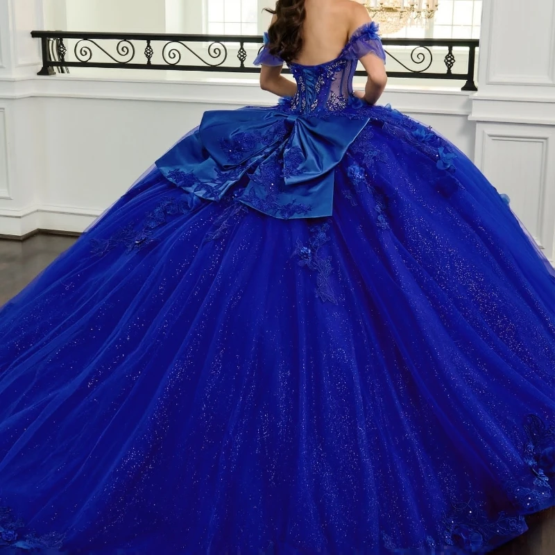 Royal Blue Shiny Ball Gown Quinceanera Dresses Princess Party Birthday Dress Off Shoulder Appliques Flower Beads Bow Tull Sweet