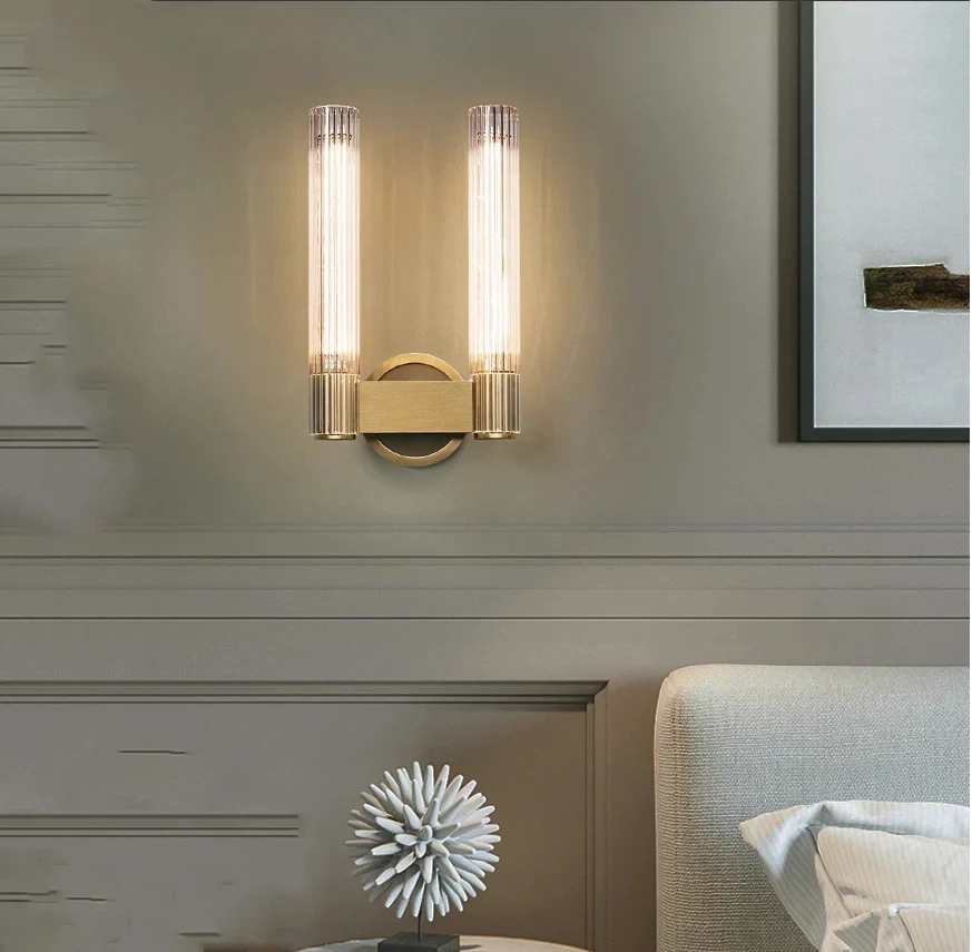 High Quality Modern Indoor Double-end Glass Cover Copper Hotel Brass Bedside Wall Mounted Sconces Lights Lamp for Home Bedroom