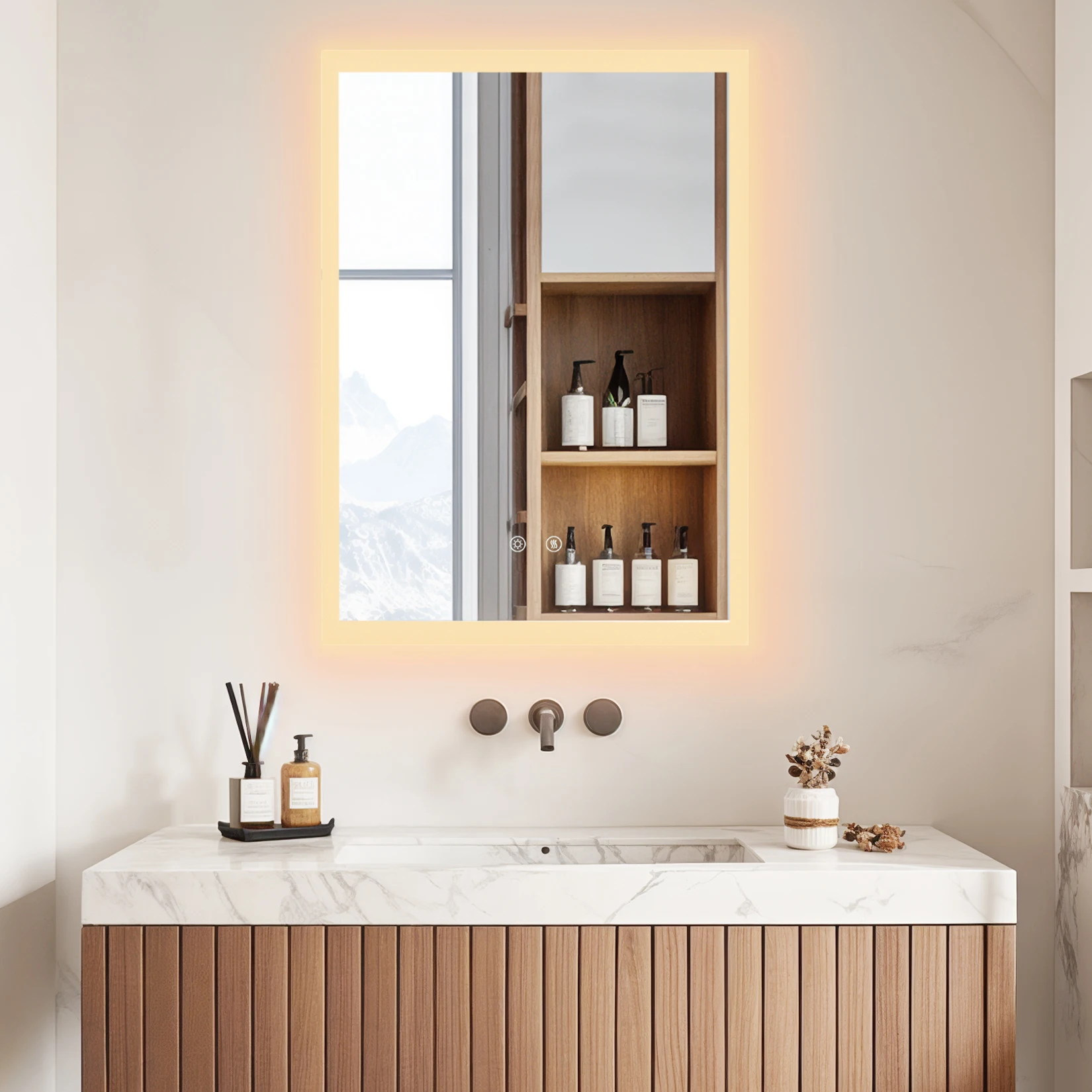 LUVODI Illuminated Bathroom Makeup Mirror,Modern Wall Mounted Bathroom Vanity Mirror Lighted Makeup Mirror with Three Colors Temperature,Fogless,Waterproof IP44