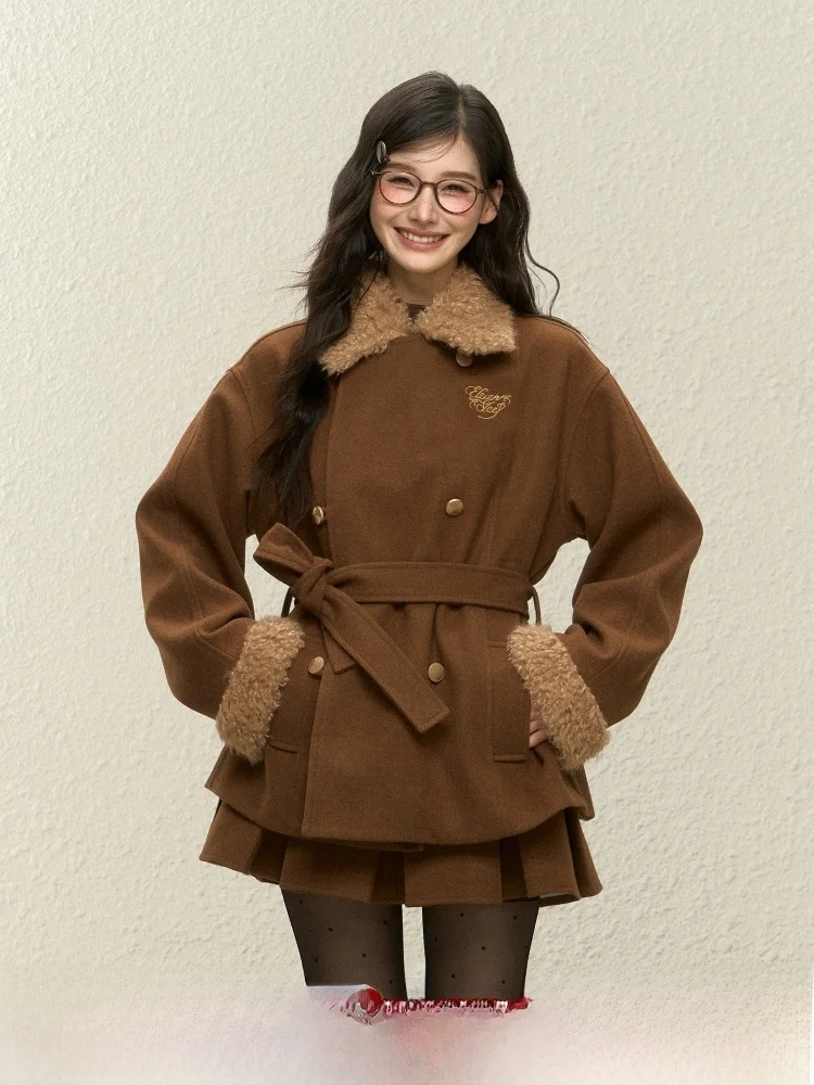 

ELEVEN SP Winter Brown Coat Korean Sle Fluffy Medium-Length Women's Long-Sve Double-Breasted Outerwear Top
