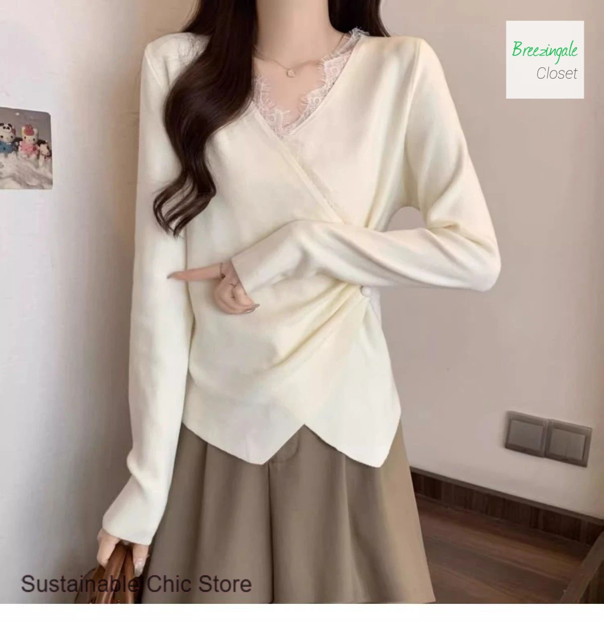 Camiseta de manga larga con cuello en V y costuras de encaje para mujer, diseño de moda de estilo coreano, nueva camisa de fondo irregular para otoño e invierno