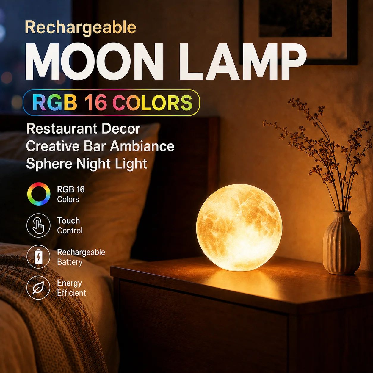 WWPPU 3D Moon Lamp RGB 16 Colors Touch Control Rechargeable Night Light Sphere Ambient Desk Lamp for Bedside Table