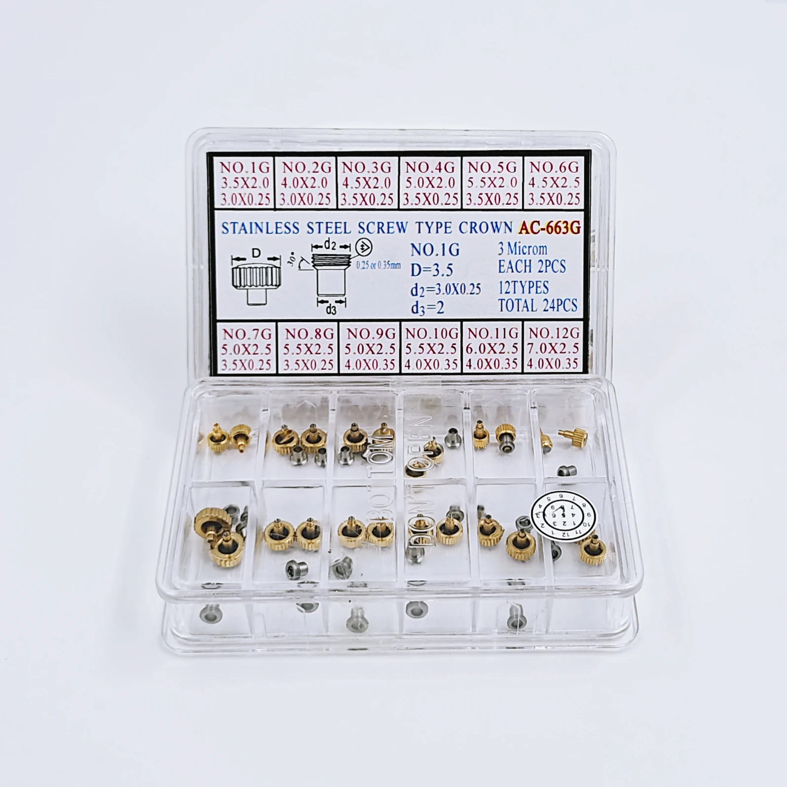 Golden Color Stainless Steel Watch Crowns Kit 3.5mm to 7.0mm Head Diameter Screw Down Threaded Watch Crown with Case Tube W663G