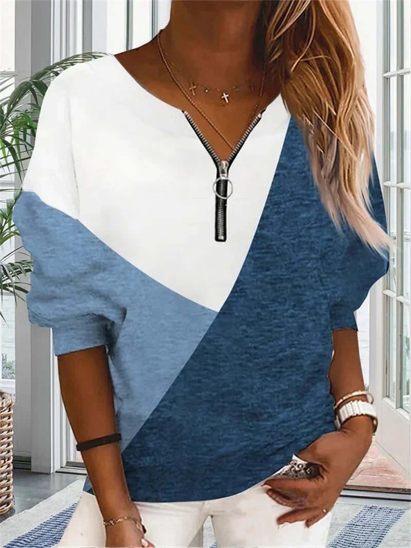 Women New Geometry Colour Blocking Sweatshirt Zipper Splicing Loose O Neck Hoodie Female Comfortable Autumn Casual Commuter Tops