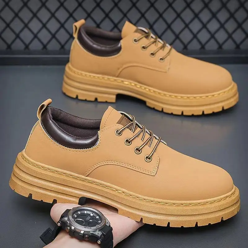 

Men's Casual Work Shoes Thick Sole Platform Sneakers Retro Yellow Lace-Up Shoes for Men Non-Slip Durable Daily Walking & Outdoor