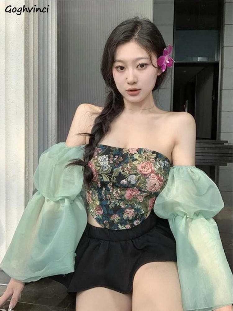 Women Crop Blouses Slash Neck Vintage Floral Sexy Female Summer Graceful Feminino Backless Hotsweet Fashion Holiday All-match