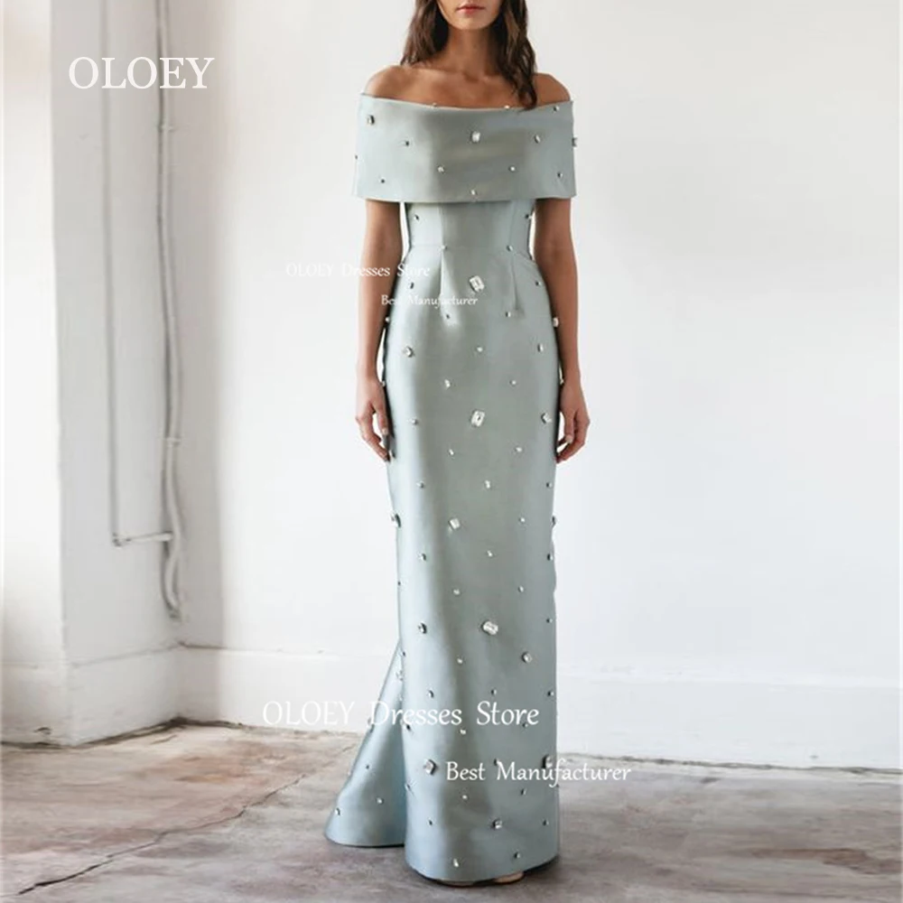 OLOEY Light Blue Off Shoulder Evening Dresses Shiny Crystal Modest Women Customized Saudi Arabia Wedding Party Dress Prom Dress