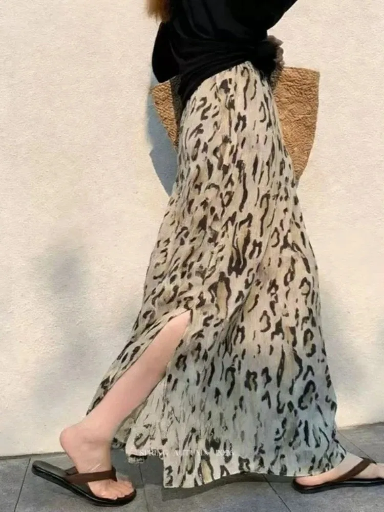 Leopard Print Long Skirt Women High Waist Split Jupe Chic Korean Saia Slim Fit Summer Chiffon Skirts 2026 Faldas Mujer De Moda