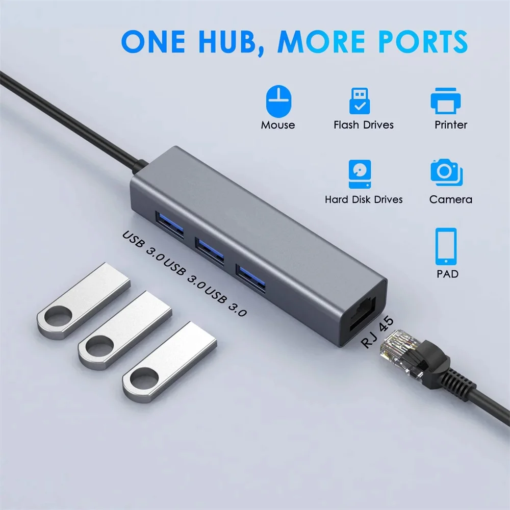 

4 in1 USB C HUB 100Mbps 3 Ports USB 3.0 Type-C HUB USB To Rj45 Gigabit Ethernet Adapter for MacBook Laptop Computer Accessories