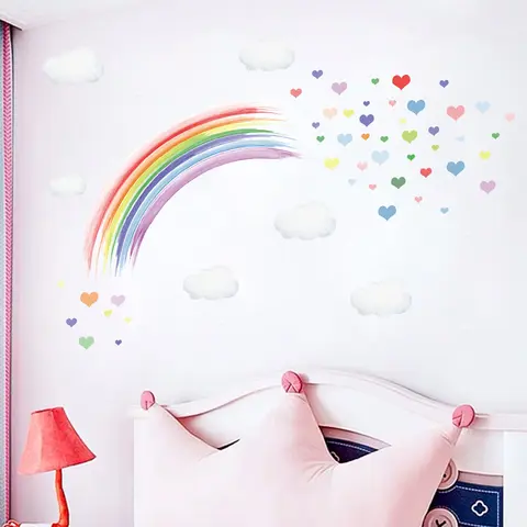 1 पीस वाटरकलर कार्टून इंद्रधनुष मल्टी-कलर हार्ट पैटर्न वॉल स्टिकर बच्चों के कमरे बेडरूम सजावट वॉल डीकैल होम डेकोर के लिए 8 best sales इंद्रधनुष दीवार स्टिकर - №7