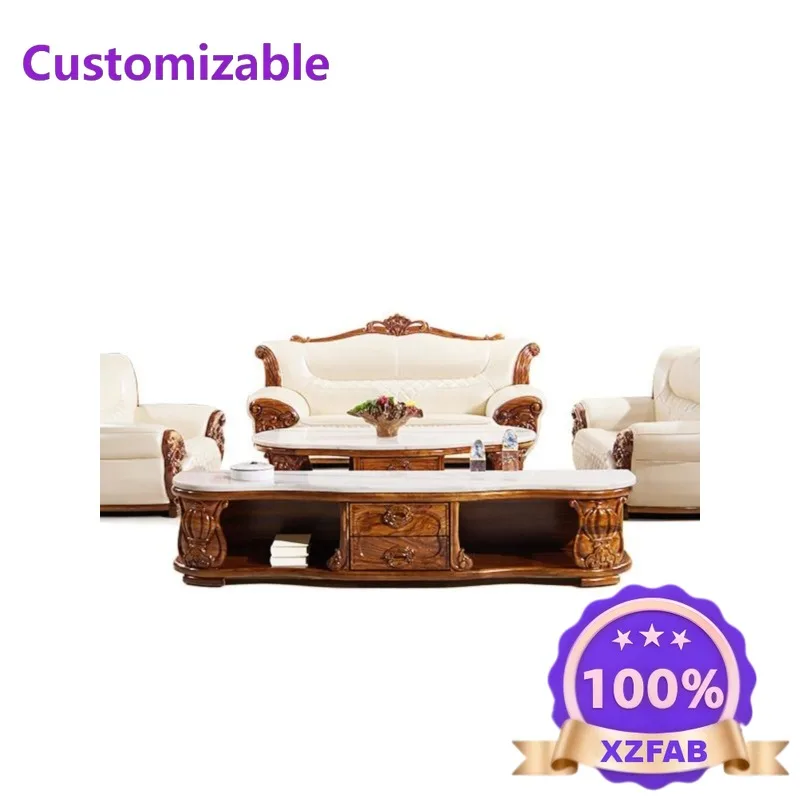 Factory Direct 2026 European ebony leather sofa solid wood carving flower first layer cowhide villa size apartment living room f