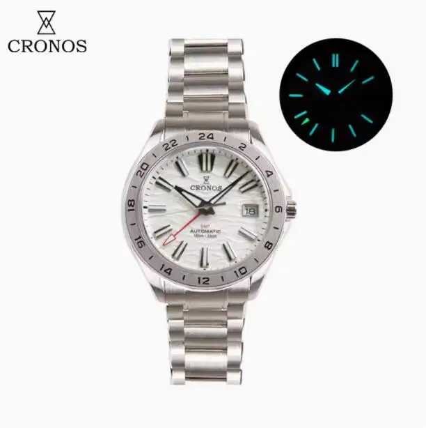 CRONOS Men GMT Watch 39mm Automatic Mechanical Wristwatch Double Domed Sapphire Mirror 10ATM Waterproof BGW-9 Luminous NH34