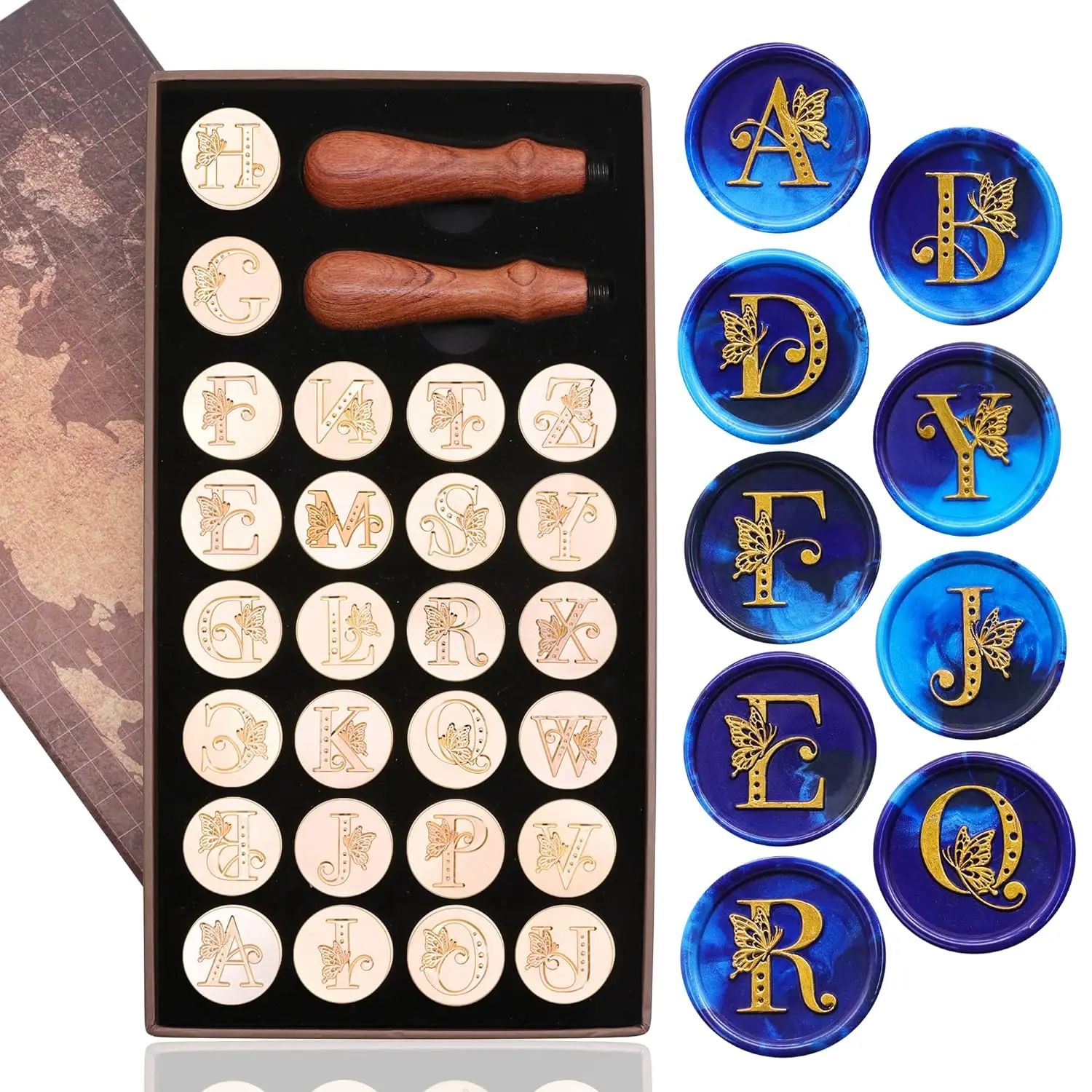 

Initial Alphabet Wax Seal Stamp Kit, Vintage Butterfly 26 Letters A-Z Sealing Stamp with 2pcs Wooden Handles Gift Kit