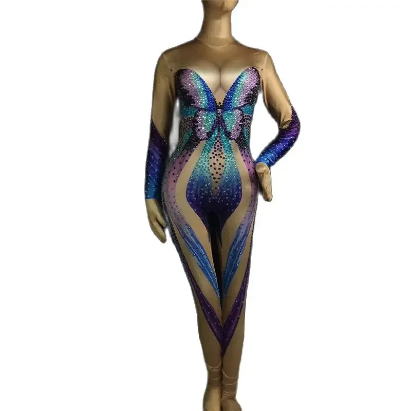 Tuta con strass a farfalla blu Tuta sexy con cristalli elasticizzati Tuta da donna Cantante Ballerino Stage Performance Wear Rave Outfit DT364