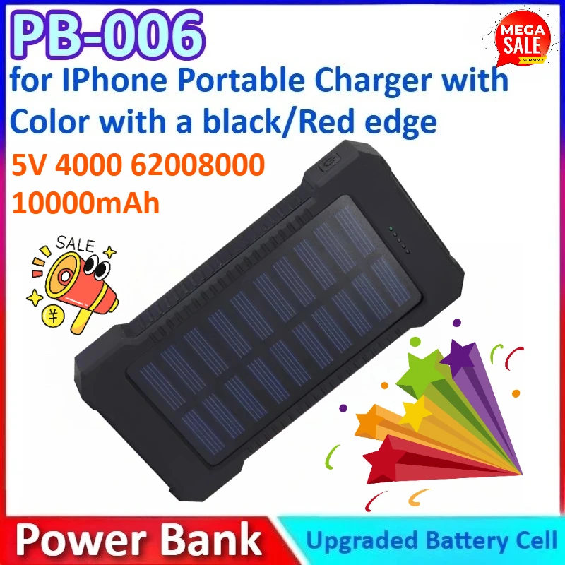 

5V 4000/6200/8000/10000mAh PB-006 Solar Power Bank External Battery for IPhone Portable Charger with a black/Red edge with Color