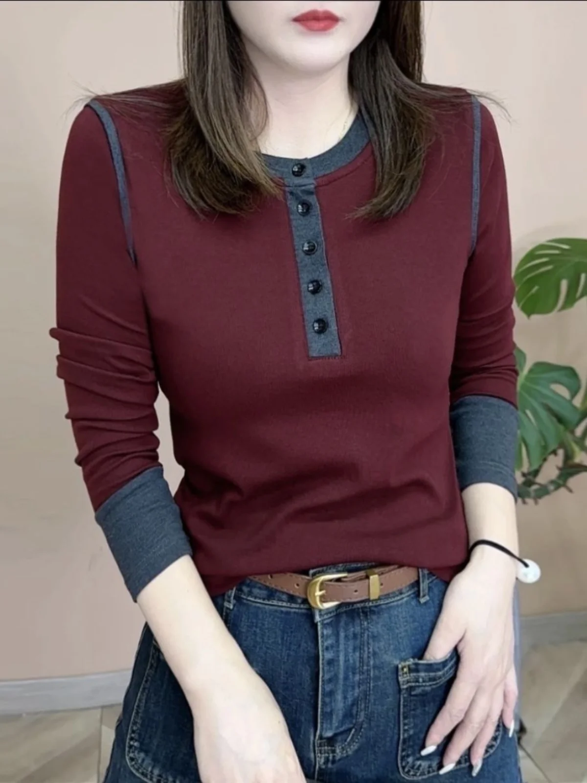 Slimming Double-Faced Velvet Long-Sleeve round Neck Base Shirt Color Block Fashionable Autumn New Style Women's Premium T-shirt