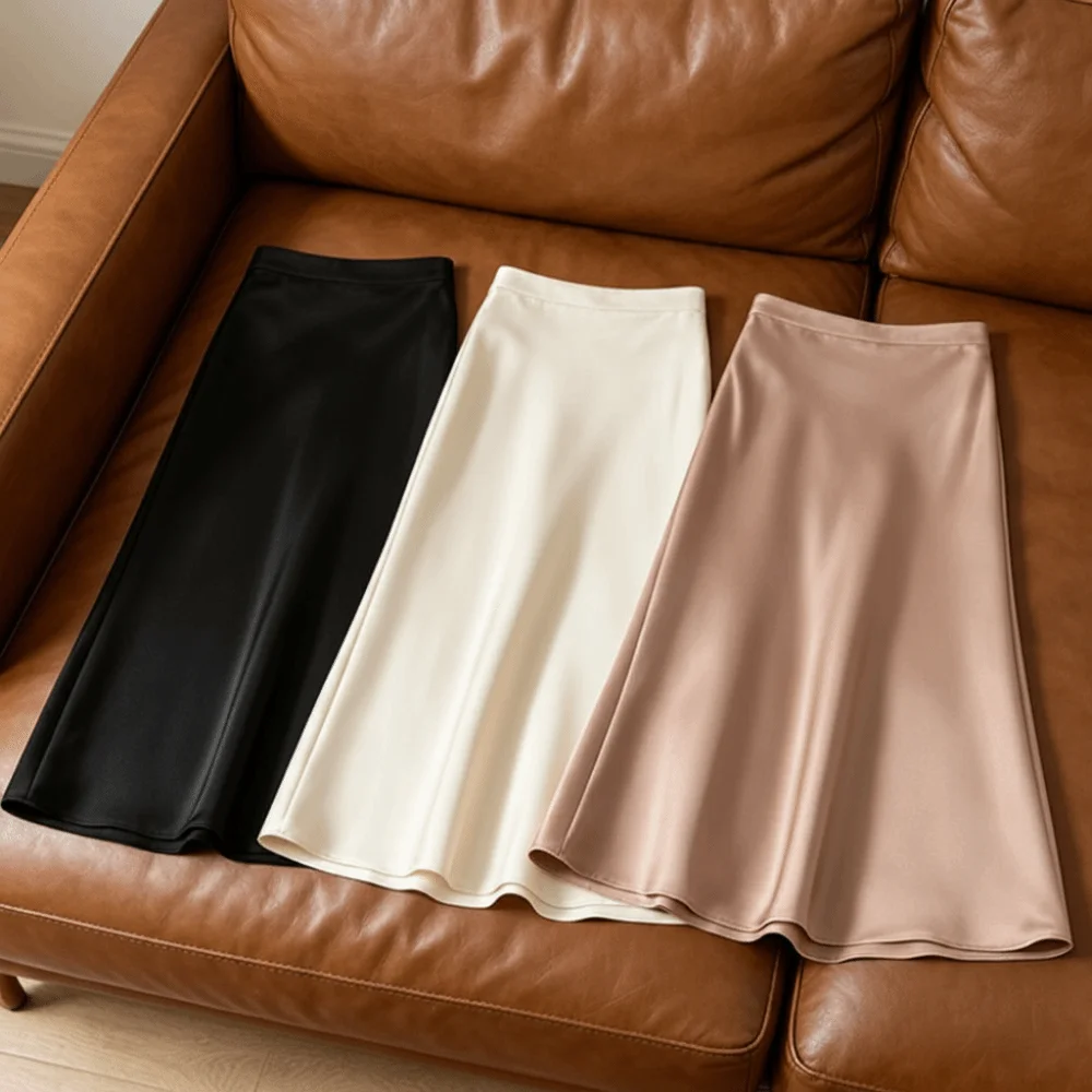 Solid Color Satin Skirt Flowy Fabric Acetic Acid Satin High Waisted Skirt Slim Fit Hip Hugging Design Fishing Tail Skirt