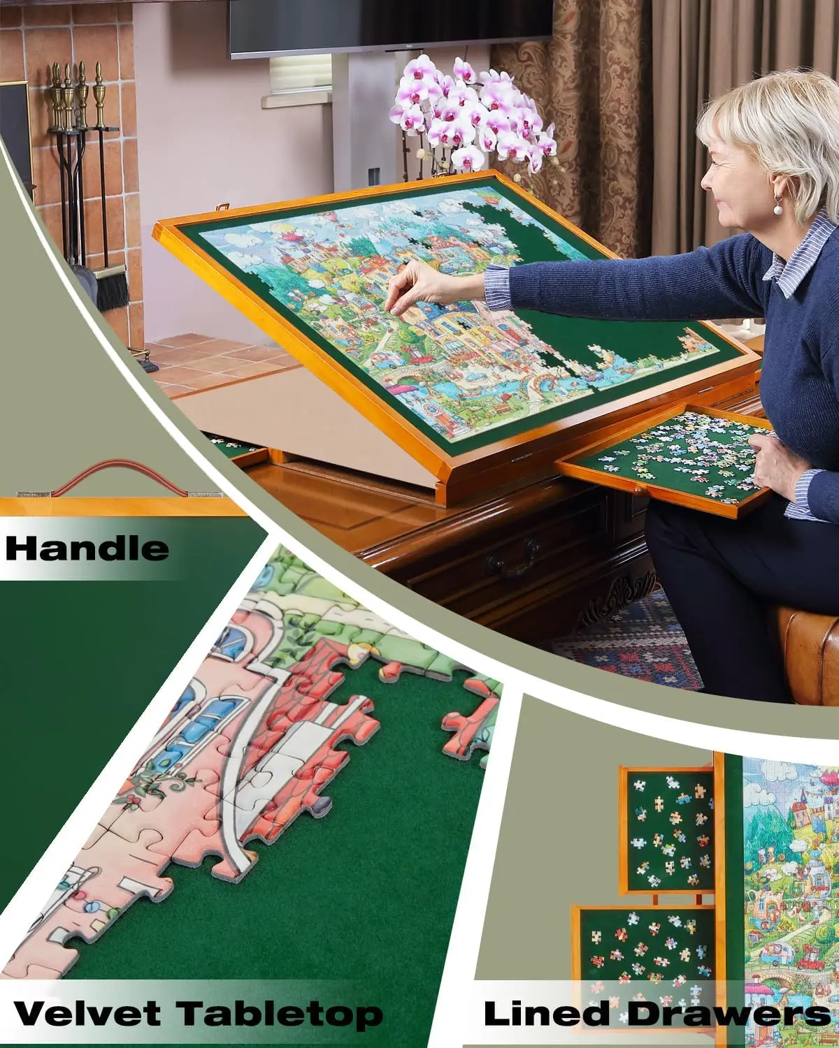 1500-delige houten puzzeltafel met lades en deksel, verstelbaar puzzelbord met opvouwbare poten, draagbare gekantelde puzzel