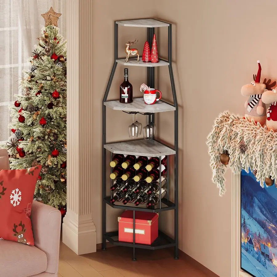 

5Tier Corner Wine Rack Floorstanding with Glass Holder and Bottles Wine Storage Home Bar Furniture for Home Kitchen Dining Room