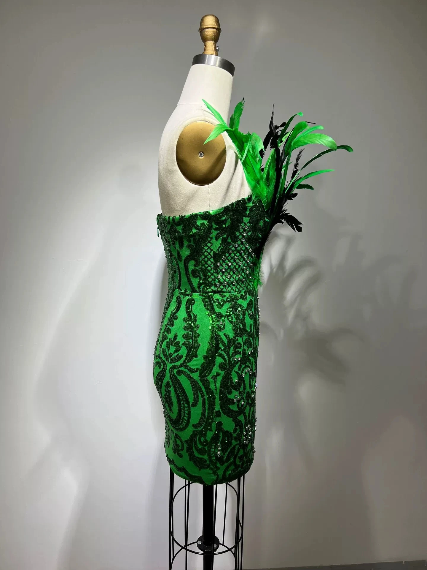 الراقية ضوء العلامة التجارية الفاخرة أزياء المرأة العميق الخامس الرقبة ريشة الماس صديرية دائرية ضمادة فستان سهرة-GZXX1266