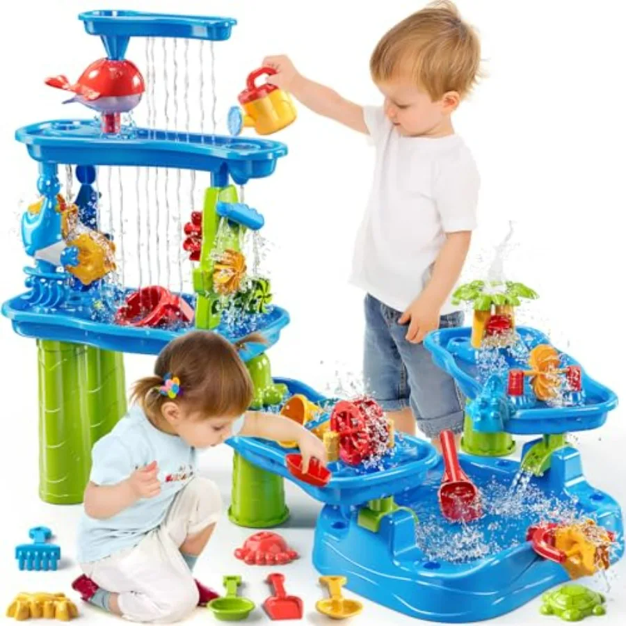 

5-Tier Water Table for Toddlers 1-3 3-5, Plastic Blue Sensory Table with Sand Beach Toys for Outdoor Play, Birthday Gift for Ag