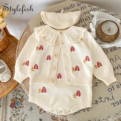 INS Spring and Autumn Infant and Toddler Girl Baby Set Embroidered Lotus Collar Knitted Top+Strap Romper 2-piece Set