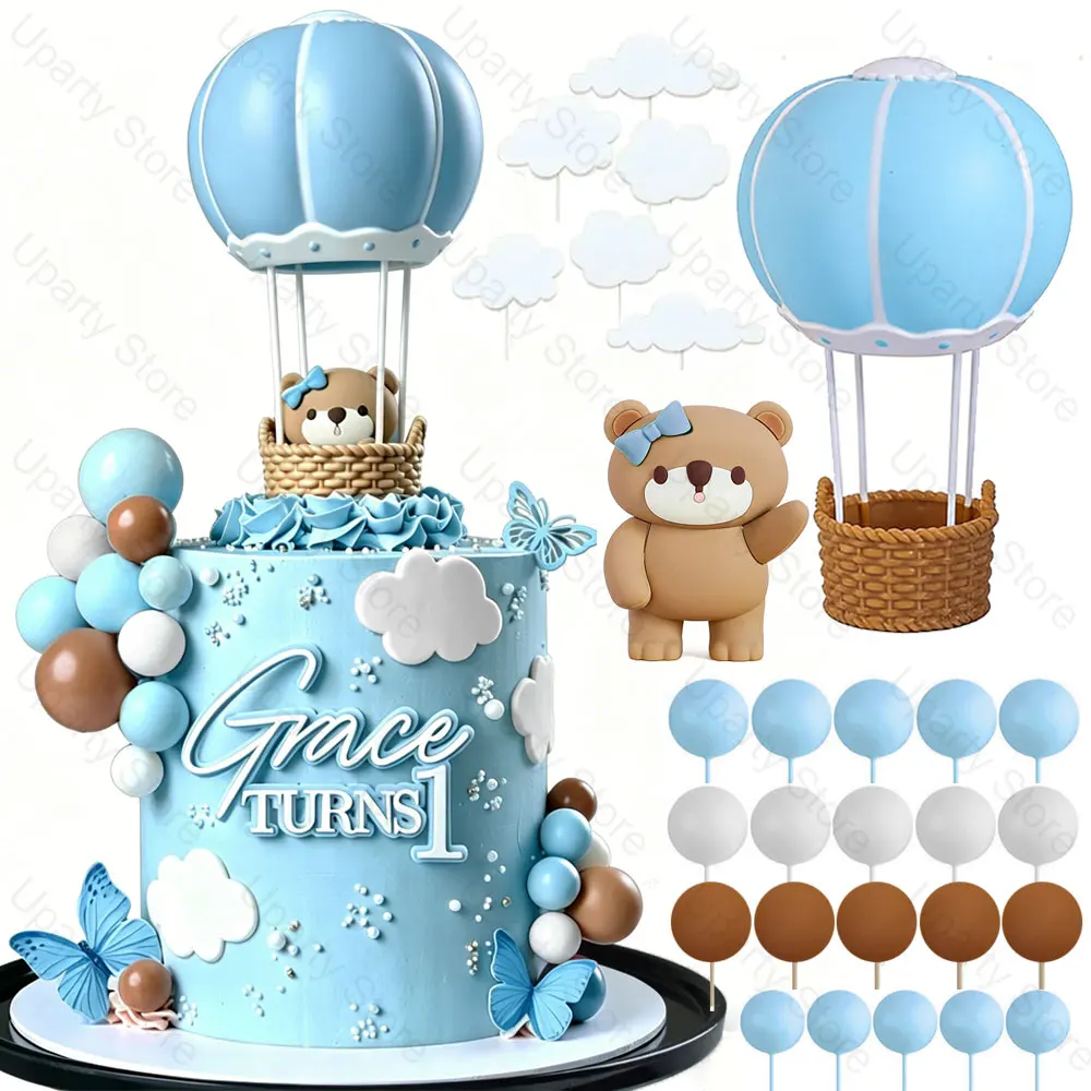 28pcs  Blue Hot Air Balloons Cake Decoration White Cloud Pink Blue Brown Bear Cake Toppers for Birthday Baby Shower Party Decor
