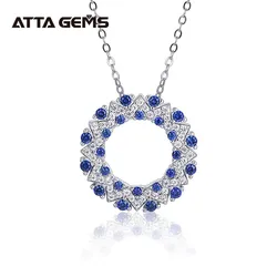 ATTAGEMS Created Blue Sapphire Solid 925 Sterling Silver Halo Pendant Necklace For Women Luxury Engagement Wedding Party Gifts