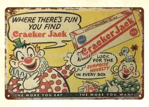 1951 Cracker Jack TWO CLOWNS metal tin sign wall cottage farm design