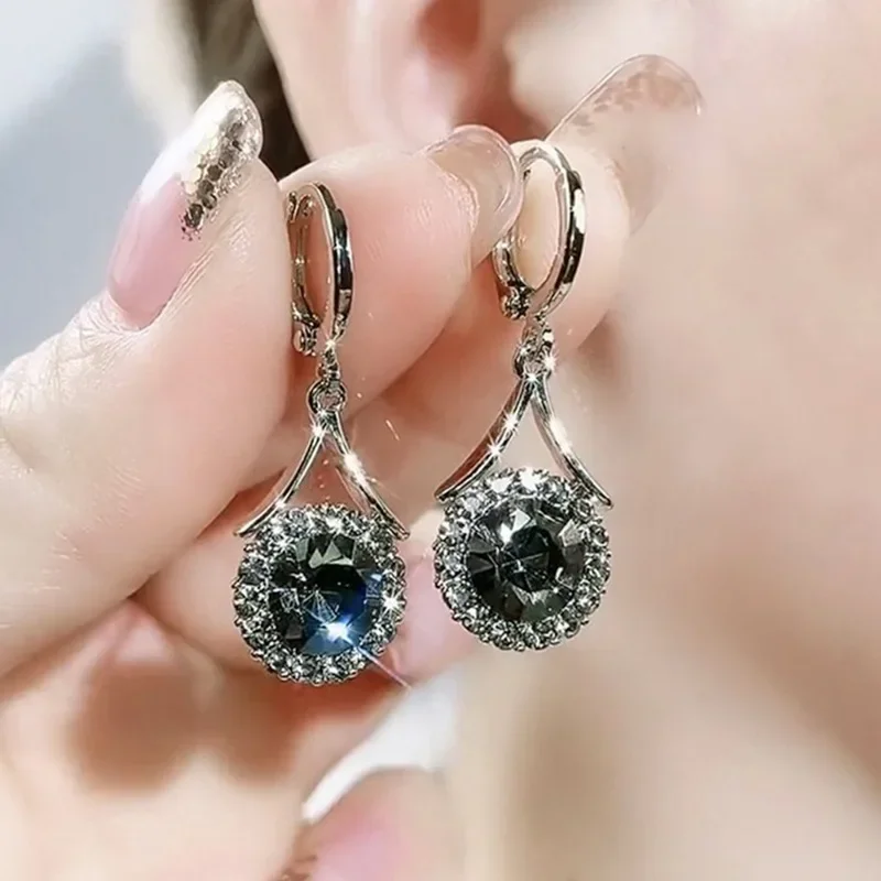Cute Gray Zircon Crystal Waterdrop Ear Buckle Drop Earrings for Women Korean Simple Wedding Jewelry Trend Creative Accessories