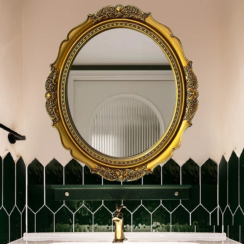 

French Oval Makeup Mirror European Vintage Bathroom Mirror Fireplace Wall Hanging Mirror Influencer Carved Decorative
