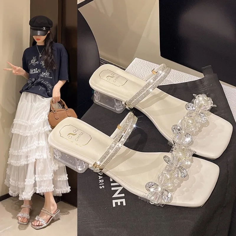 

Women's slippers 2025 summer fashion Transparent belt metal decoration box shaped square Alien heel high heels wearing sandals
