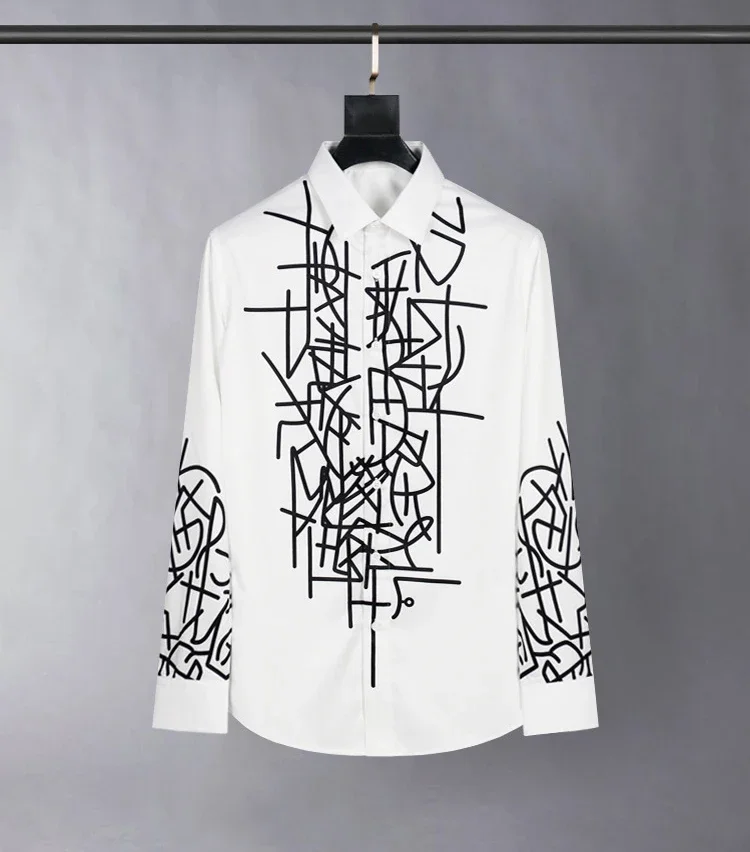 Men's black and white classic simple printed long-sleeved shirt Hawaiian simple business casual button shirt Beach vacation men'