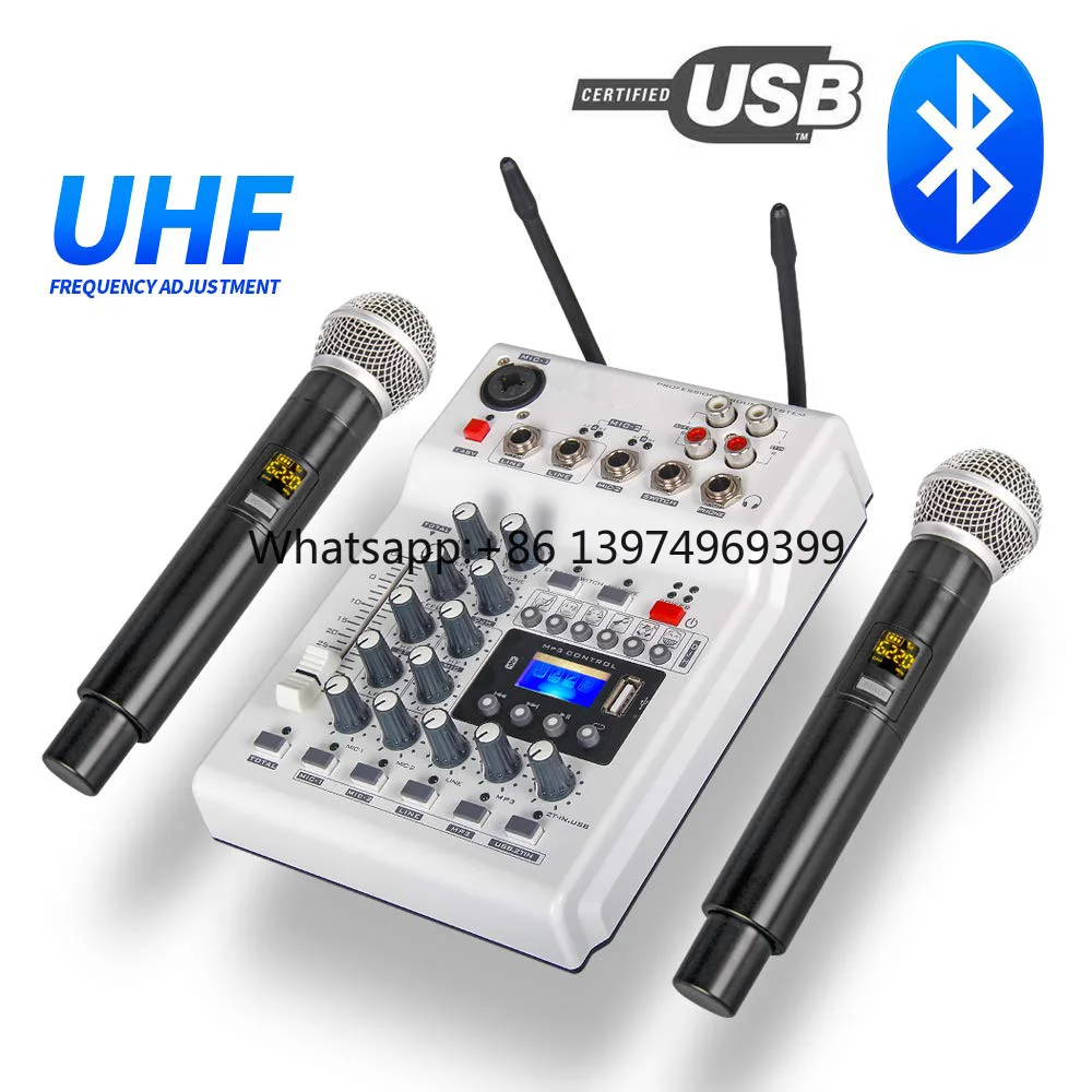 Professional Audio Video & Lighting UHF 4-Channel Karaoke Mixer with Blue Tooth & USB Cordless Microphone Small and Efficient