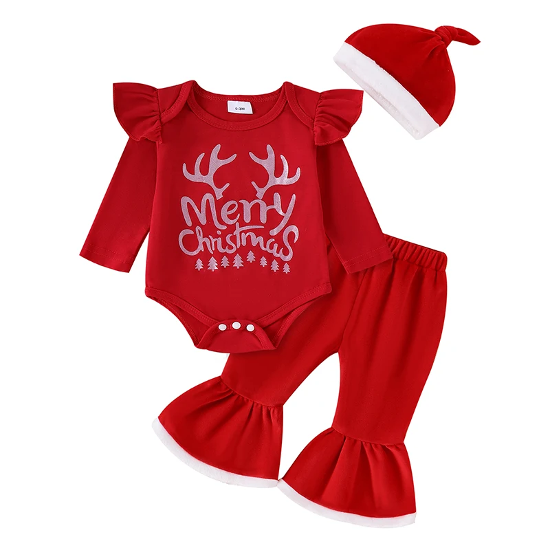 Baby Girl Christmas Outfits Christmas Tree Deer Antler Print Long Sleeve Romper Flare Pants Hat 3Pcs Clothes Set