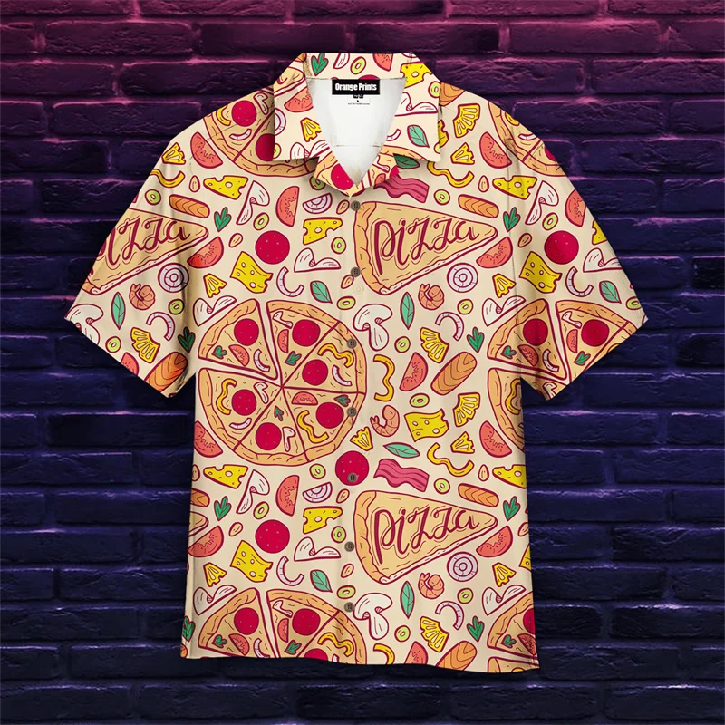 Funny Pizza 3D Print Hawaiian Shirt Cartoon Cat Food Graphic Lapel Shirt Street Loose Short Sleeves Unisex Shirts Diy Custom Top