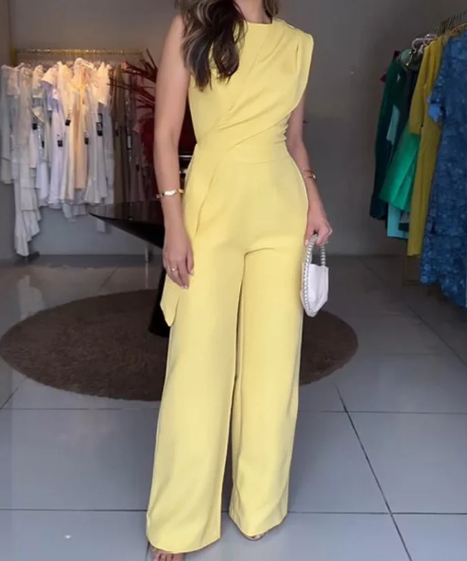 Jumpsuit Women 2025 Summer Solid Color Sleeveless Ruched Irregular Jumpsuit Casual Round Neck High Waist Jumpsuit with Pockets