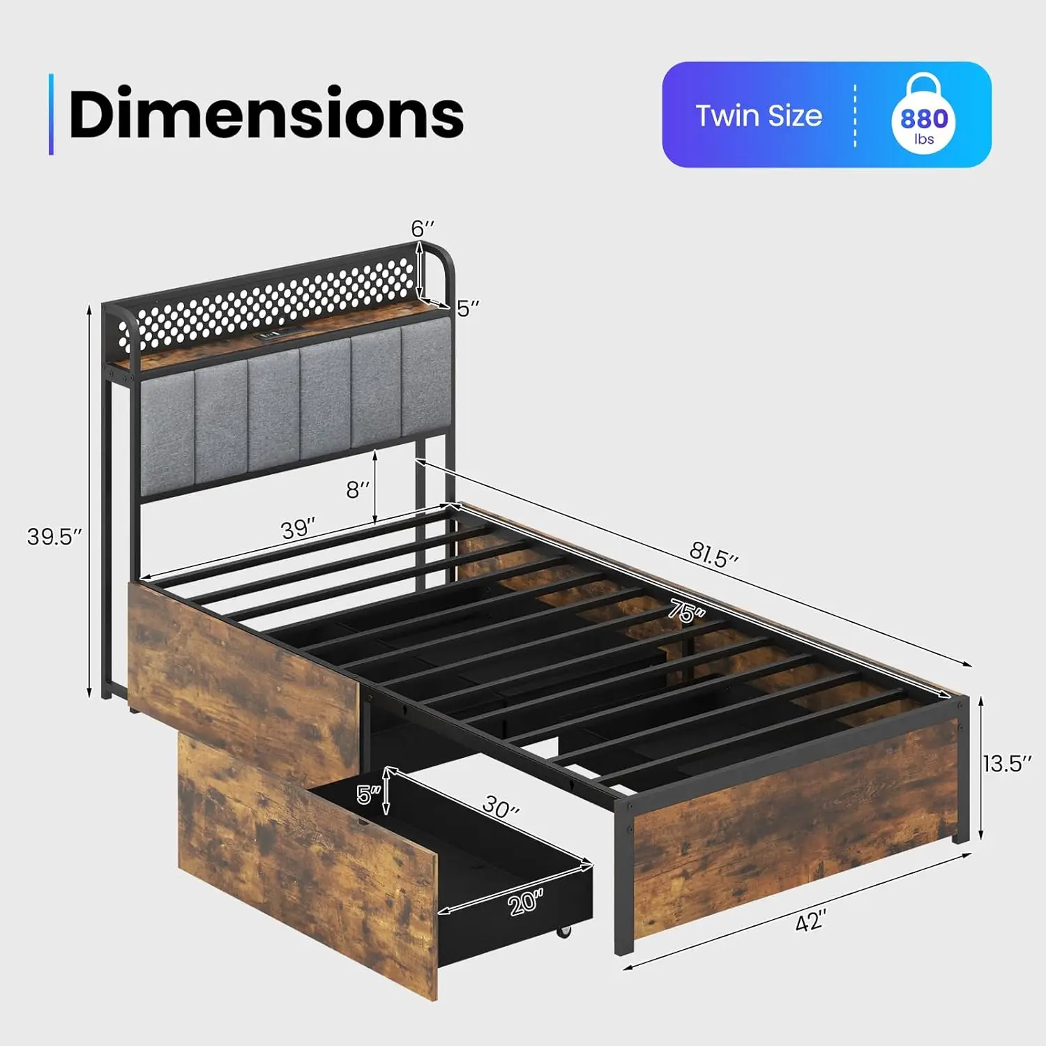 Metalen platformbedframe met gestoffeerd hoofdeinde en afstandsbediening, matrasfundering, geen boxspring nodig