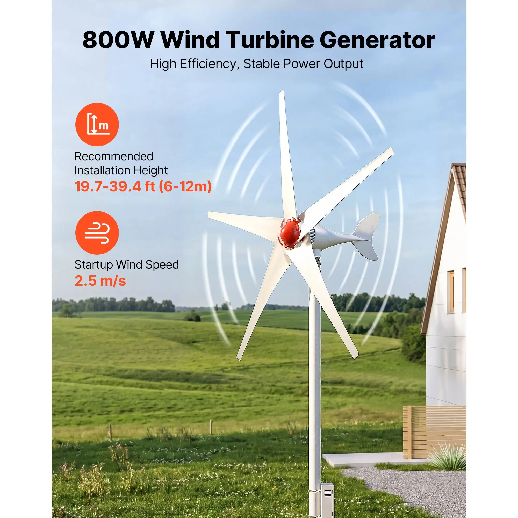 800W 12V Wind Turbine Generator, 5-Blade Wind Turbine Kit with MPPT Controller, High-Efficiency 3-Phase AC Permanent Wind Power Generator for RVs, Boats, Home, Farm (Tower Pole Not Included)