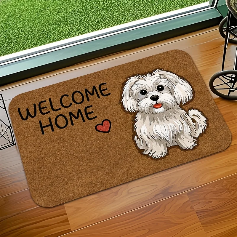 VIKAMA Adorable Maltese Dog Heart Print Welcome Doormat Durable Non Slip Machine Washable Entrance Rug Home Decoration